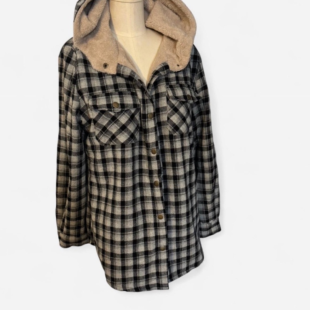 Plaid Hooded Jacket with Faux Fur Lining - Picture 2 of 4